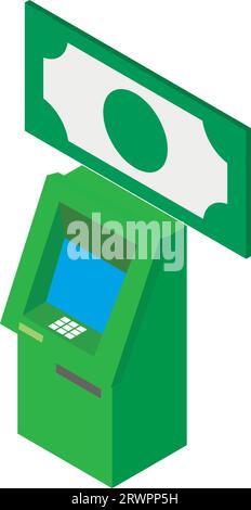 Isometrischer Vektor des ATM-Maschinensymbols. Neuer grüner geldautomat und große geldscheine. Annahme und Ausgabe von Bargeld Stock Vektor