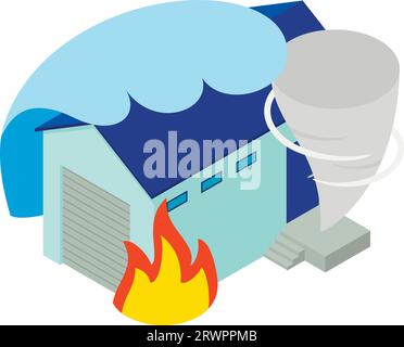 Isometrischer Vektor für das Symbol der Versicherung. Große Welle, Hurrikan und Feuer in der Nähe des Hauses. Katastrophenversicherung Stock Vektor