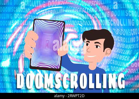 Doomscrolling-Konzept. Mann zeigt Handy mit hypnotischen geometrischen Mustern auf dem Bildschirm vor hellem Hintergrund, Illustration Stockfoto