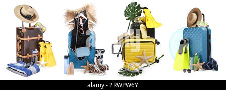 Set mit Koffern und Strandaccessoires isoliert auf weiß Stockfoto