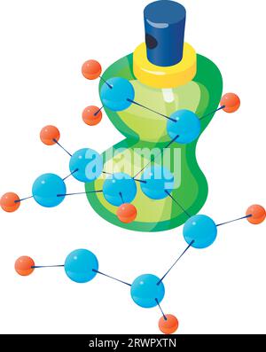 Isometrischer Vektor für Apple Parfum Icon. Flasche mit neuem Parfüm und Molekül-Symbol. Duftkonzept, Parfümerie Stock Vektor