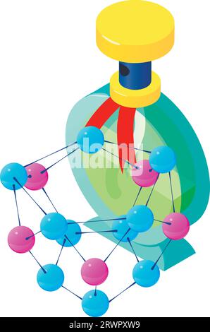 Isometrischer Vektor des modernen Parfüms. Blaue Flasche mit Parfüm und Molekülsymbol. Parfum de Toilette, Aroma, Parfümerie Stock Vektor