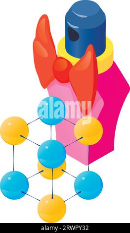 Eleganter isometrischer Vektor mit Parfumsymbol. Flasche Parfüm und Molekül-Symbol. Parfum de Toilette, Aroma, Parfümerie Stock Vektor