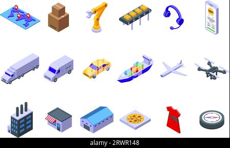 Lieferketten-Symbole setzen den isometrischen Vektor. Planungsprozess. Einzelhandelsexport Stock Vektor