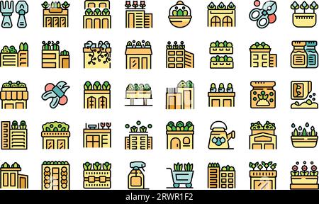 Dachgartensymbole stellen Konturvektor ein. Hausbüro. Dach dünn gestrickt Farbe flach auf weiß isoliert Stock Vektor