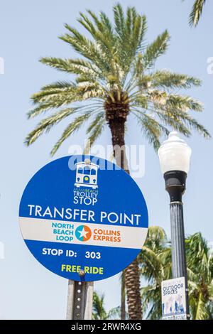 Miami Beach Florida, Trolley-Haltestelle, Schild mit kostenlosem Transferpunkt, öffentliche Verkehrsmittel Stockfoto