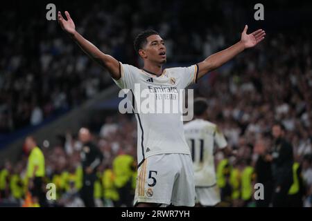 Madrid, Spanien. September 2023. Jude Bellingham aus Real Madrid feiert ein Tor beim UEFA Champions League-Spiel der Gruppe C zwischen Real Madrid und Union Berlin am 20. September 2023 in Madrid, Spanien. Quelle: Yuheng Zhang/Xinhua/Alamy Live News Stockfoto
