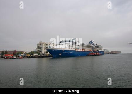 Celebrity SUMMIT by Celebrity Cruises dockt an einem nebligen Tag am Boston Cruise Port im Seaport District, der Stadt Boston, Massachusetts MA, USA. Stockfoto