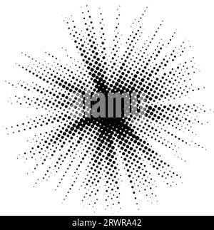 Halbton-Burst-Hintergrund. Abstraktes gepunktetes Starburst-Element. Leuchtendes Licht mit strukturiertem Grunge-Effekt. Pop-Art-Stil, Punktexplosion. RETRO Noise Grain SHINE STAR FLARE. Vektorillustration Stock Vektor