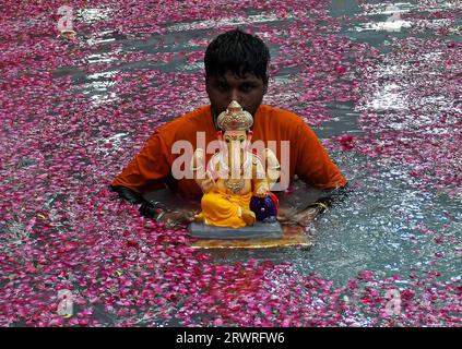 Mumbai, Indien. September 2023. Ein Devotee trägt das Idol des Elefantengottes Ganesh zum Eintauchen in einen künstlichen Panzer. Kleine Idole des Elefantengottes Ganesh werden in ein künstliches Becken getaucht, um die Verschmutzung des Meeres zu reduzieren und so die Umwelt zu schützen und das Festival auf umweltfreundliche Weise zu feiern. Quelle: SOPA Images Limited/Alamy Live News Stockfoto