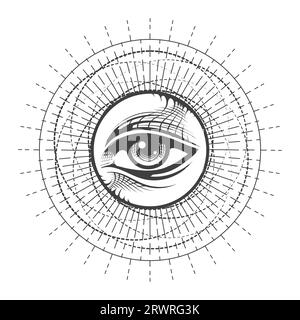 Freimaurer All Sehen Auge in Sonnenstrahlen Astrologie Sacred Symbol isoliert auf weiß. Vektorillustration Stock Vektor