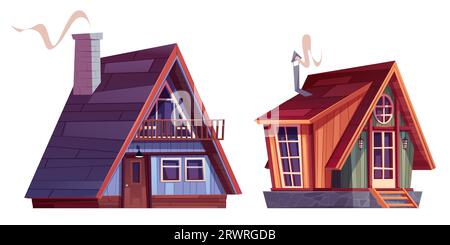 Set von Chalet-Häusern aus Holz isoliert auf weißem Hintergrund. Vektor-Zeichentrickillustration von kleinen Hütten mit Mansardendächern, Veranda und Fenstern, Kamin mit Rauch, Design-Elemente für Winterskigebiete Stock Vektor