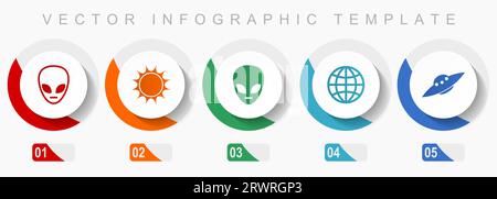 Alien-Symbolsatz, verschiedene Symbole wie Stern, Ufo, Raumschiff und Globus, flache Vektor-Infografikvorlage, Webschaltflächen in 5 Farboptionen Stock Vektor