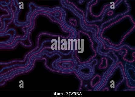 Topografische Konturkarte mit Neonkontur, abstraktes technisches Grafikdesign. Geometrischer Vektorhintergrund Stock Vektor