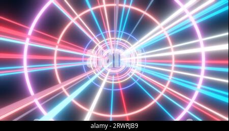 Abstrakter mehrfarbiger futuristischer High-Tech-Tunnel mit fliegenden Kreisen und Linien Neonmagie leuchtender Hintergrund. Stockfoto