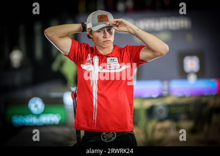 HERMOSILLO, MEXIKO - 9. SEPTEMBER: Mathias Fullerton aus Dänemark tritt in der Kategorie Compound Archery an, während des Wettbewerbs in der Kategorie Compound Bow für Frauen, während des Finales der Bogenschießen-Weltmeisterschaft 2023 am 9. September 2023 in Hermosillo, Mexiko. (Foto: Luis Gutierrez//Norte/Foto) Stockfoto