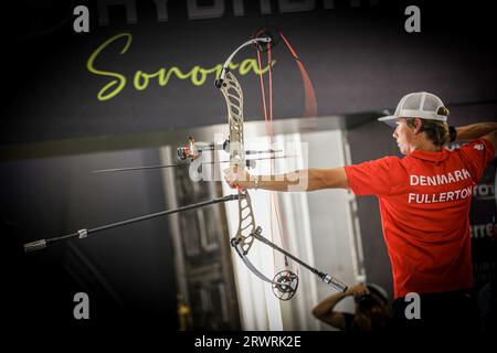 HERMOSILLO, MEXIKO - 9. SEPTEMBER: Mathias Fullerton aus Dänemark tritt in der Kategorie Compound Archery an, während des Wettbewerbs in der Kategorie Compound Bow für Frauen, während des Finales der Bogenschießen-Weltmeisterschaft 2023 am 9. September 2023 in Hermosillo, Mexiko. (Foto: Luis Gutierrez//Norte/Foto) Stockfoto