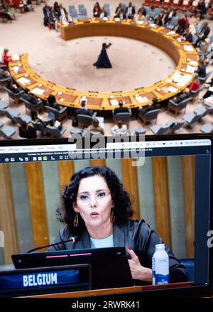 New York, USA. September 2023. Die belgische Außenministerin Hadja Lahbib hält auf der 78. Tagung der Generalversammlung der Vereinten Nationen (UNGA78) am Mittwoch, den 20. September 2023, in New York City, Vereinigte Staaten von Amerika, eine Rede zur Ukraine. BELGA PHOTO BENOIT DOPPAGNE Credit: Belga News Agency/Alamy Live News Stockfoto