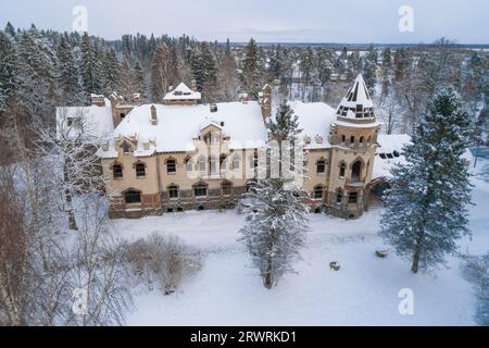 Altes verlassenes Herrenhaus des Eliseev-Anwesens (1912) in einer Winterlandschaft (Luftaufnahmen). Belogorka, Region Leningrad. Russland Stockfoto