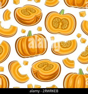 Vector Pumpkin Seamless Pattern, wiederholen Sie den Hintergrund mit ausgeschnittenen Abbildungen von Reifen ganzen und gehackten Kürbissen für Geschenkpapier, quadratisches Poster mit Stock Vektor