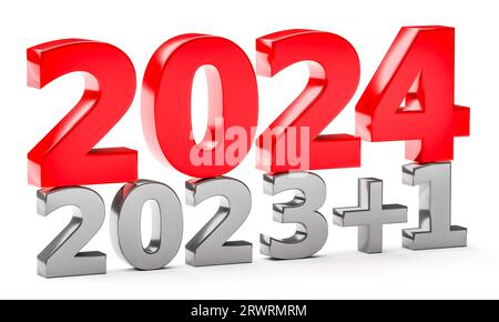 Neujahrskonzept. Nummern 2023 plus 1 und 2024 isoliert auf weiß. 3D-Rendering Stockfoto