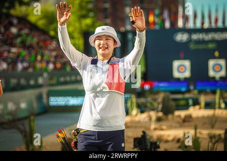 HERMOSILLO, MEXIKO - 10. SEPTEMBER: Kang Chae-Young aus Südkorea tritt in der Kategorie der Frauen in der Rekurve während des Finales der Bogenschießen-Weltmeisterschaft 2023 am 10. September 2023 in Hermosillo, Mexiko an. (Foto: Luis Gutiérrez/Norte/Foto) Stockfoto