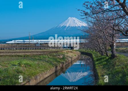 Fuji und auf dem Kopf nach Fuji am blauen Himmel und Tokaido/Sanyo Shinkansen N700A Stockfoto