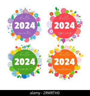 Set mit saisonalen Etiketten 2024. Hallo Winter, Hallo Frühling, Hallo Sommer, Hallo Herbst Logo Kollektion. Kreative flache Grafik. Farbenfrohes Design. Symbole Stock Vektor