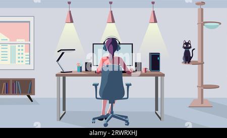 Rückansicht einer Frau, die einen Desktop-Computer in einem hellen Raum bedient. Remote-Arbeit. Stockfoto