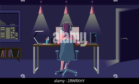 Rückansicht einer Frau, die einen Desktop-Computer in einem dunklen Raum bedient. Remote-Arbeit. Überstunden Stockfoto