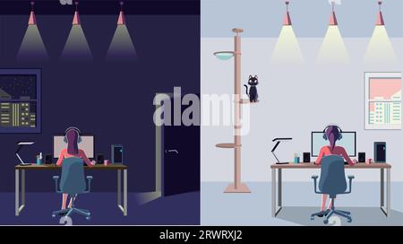 Rückansicht einer Frau, die einen Desktop-Computer in einem hellen Raum bedient. Rückansicht einer Frau, die einen Desktop-Computer in einem dunklen Raum bedient. Remote-Arbeit. Überstunden Stockfoto
