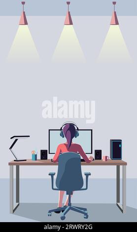 Rückansicht einer Frau, die einen Desktop-Computer in einem hellen Raum bedient. Remote-Arbeit. Stockfoto