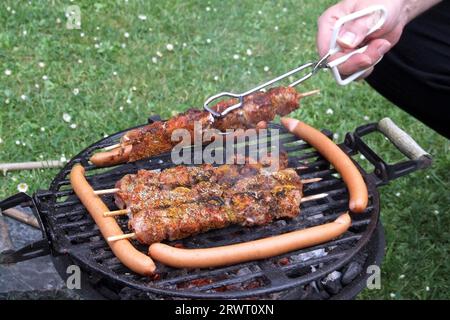 Würstchen und Spieße werden auf dem Grill gedreht. Im Hintergrund ist eine Wiese mit Gänseblümchen Stockfoto