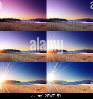 Foto mit festem Punkt von silbernem Gras, Mt. Fuji, die Yatsugatake Mountains und die Südalpen am Morgen Stockfoto