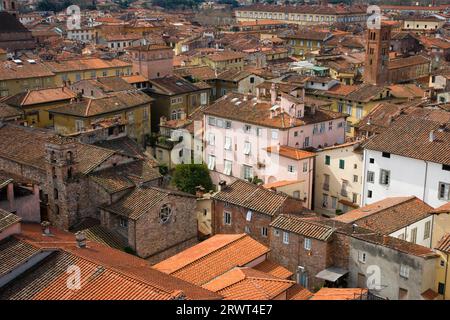 Ein Blick aus der Luft über die wunderschöne befestigte Stadt Lucca in Italien. Die toskanischen Berge sind in der Ferne zu sehen Stockfoto