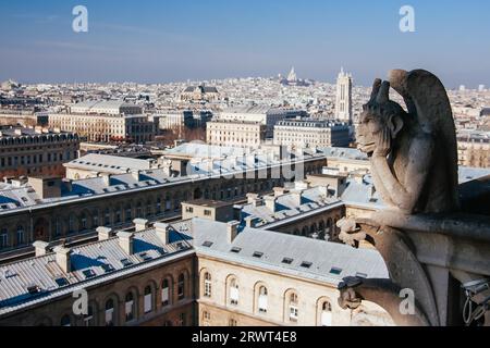 Notre Dame Gargoyle Detail mit Blick auf die Pariser Skyline in Frankreich Stockfoto