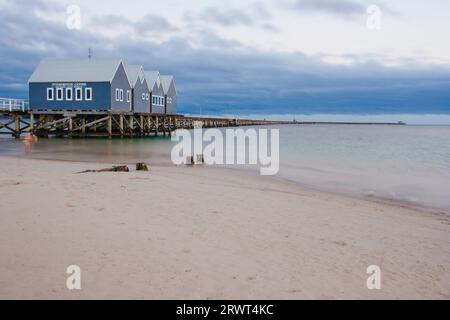 Busselton Jetty schimmert in den frühen Morgenstunden im Licht in Busselton, Western Australia, Australien Stockfoto