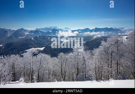 Schneebedeckte Winterlandschaft auf dem Gipfel des Zwölferhorns mit Blick auf die Osterhorngruppe, Sankt Gilgen am Wolfgangsee, Salzkammergut, Stockfoto