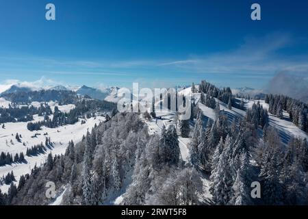 Schneebedeckte Winterlandschaft am Zwölferhorn mit Blick auf Pillstein, Osterhorngruppe, Sankt Gilgen am Wolfgangsee, Salzkammergut, La Stockfoto