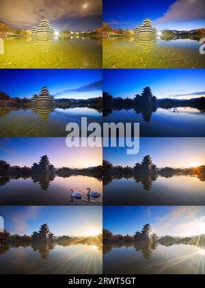 Fester Punkt am Morgen vom Schloss Matsumoto leuchtet auf Stockfoto