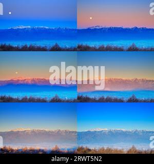 Die Hotaka-Bergkette bei Sonnenaufgang und der untergehende Vollmond vom Takabotchi-Plateau aus gesehen Stockfoto