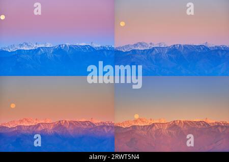 Die Hotaka-Bergkette bei Sonnenaufgang und der untergehende Vollmond vom Takabotchi-Plateau aus gesehen Stockfoto