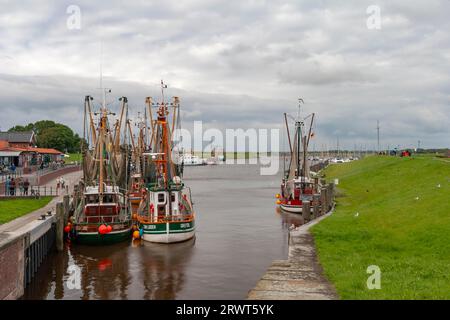 Krabbenfräser im Hafen von Greetsiel, die größte Flotte in Ostfriesien, Greetsiel, Ostfriesien, Niedersachsen, Deutschland, Europa Stockfoto