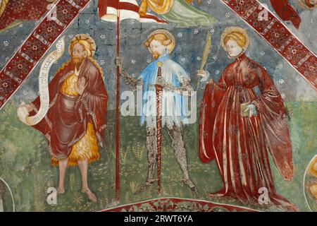 Fresko von St.. George und St. Johannes der Täufer und Margaretha von Maestro di Selva in der Kirche Santa Maria in Selva in Locarno Fresco von St. John Stockfoto