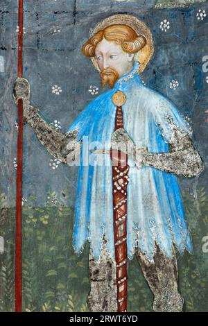 Fresko von St.. Georg vom Maestro di Selva in der Kirche Santa Maria in Wolkenstein in Locarno, Tessin, Schweiz Fresco von St. George von der Stockfoto