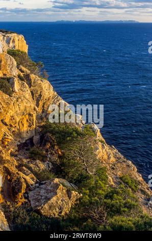 Felsige Küste mit Blick auf die Insel Cabrera, felsige Küste und die Insel Cabrera im Hintergrund, Mallorca, Balearen Stockfoto