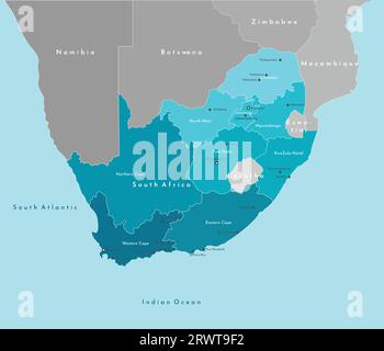 Vector Modern Illustration. Vereinfachte geographische Karte der Republik Südafrika und Grenzen zu benachbarten Ländern. Blauer Hintergrund des Indianers Stock Vektor