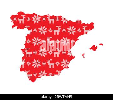 Vector isolierte Illustration für Neujahr und Weihnachten. Vereinfachte Spanien-Karte. Rote Muster verziert mit weißen, kreuzgestickten Schneeflocken und Rind Stock Vektor