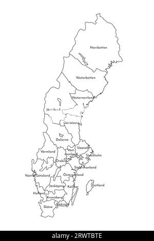 Vektorisolierte Darstellung einer vereinfachten Verwaltungskarte Schwedens. Grenzen und Namen der Bezirke. Silhouetten mit schwarzen Linien. Stock Vektor