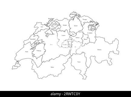 Vektorisolierte Darstellung einer vereinfachten Verwaltungskarte der Schweiz. Grenzen und Namen der Regionen. Silhouetten mit schwarzen Linien. Stock Vektor